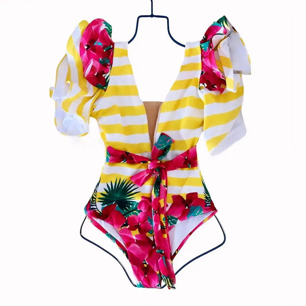 Ruffle One-Piece Swimsuit – Floral Deep V-Neck Push-Up Monokini Beachwear for Women