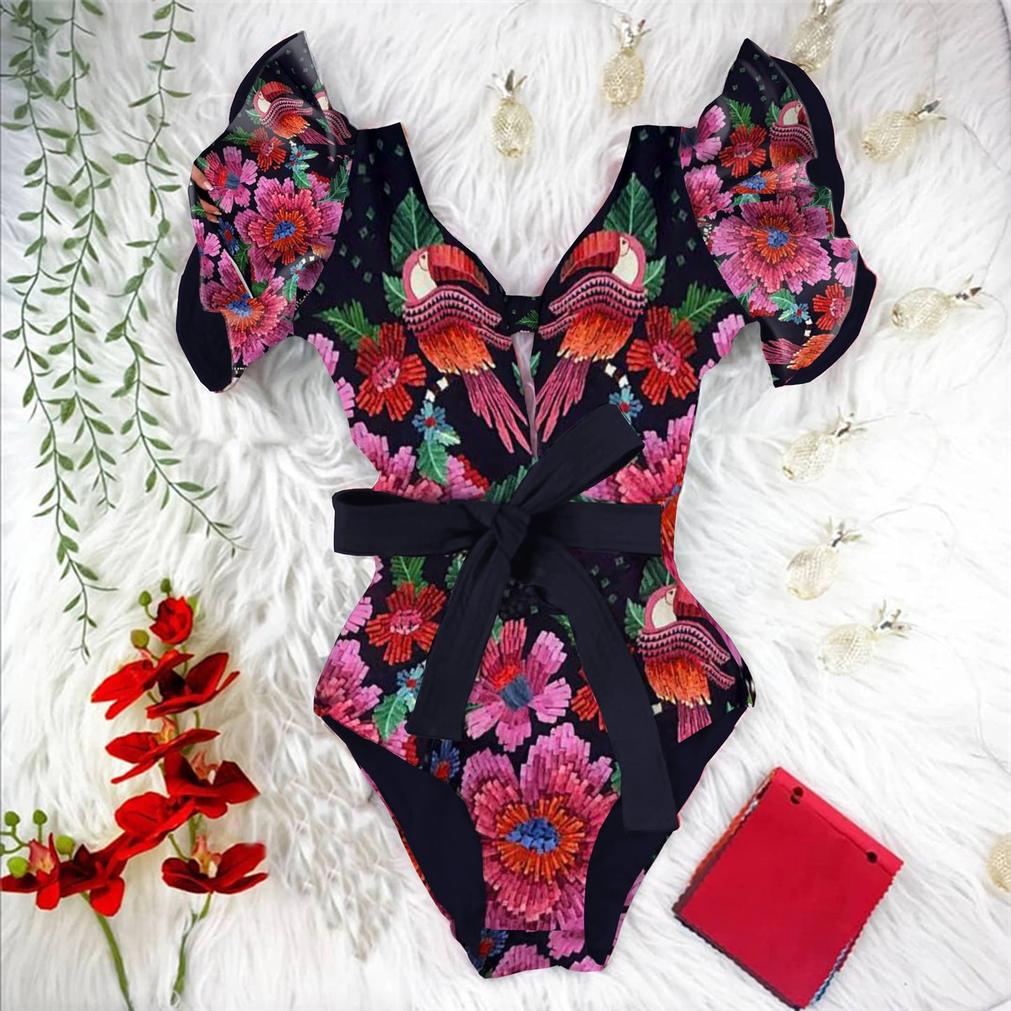 Ruffle One-Piece Swimsuit – Floral Deep V-Neck Push-Up Monokini Beachwear for Women
