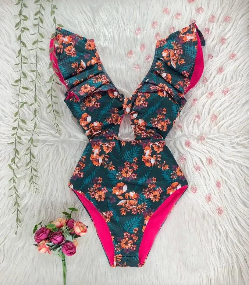 Luxe V-Neck Lace Print One-Piece Swimsuit