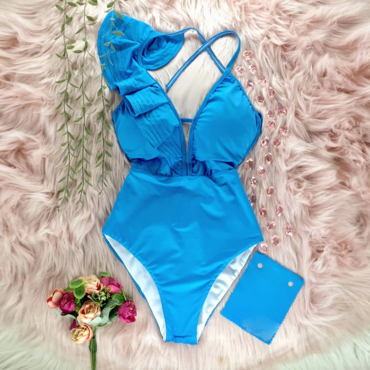 Ruffle One-Piece Swimsuit – Floral Deep V-Neck Push-Up Monokini Beachwear for Women