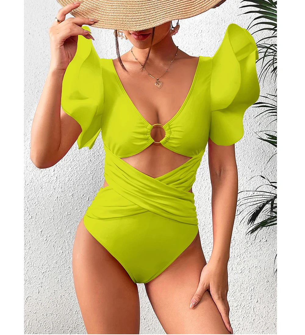 Ruffle One-Piece Swimsuit – Floral Deep V-Neck Push-Up Monokini Beachwear for Women