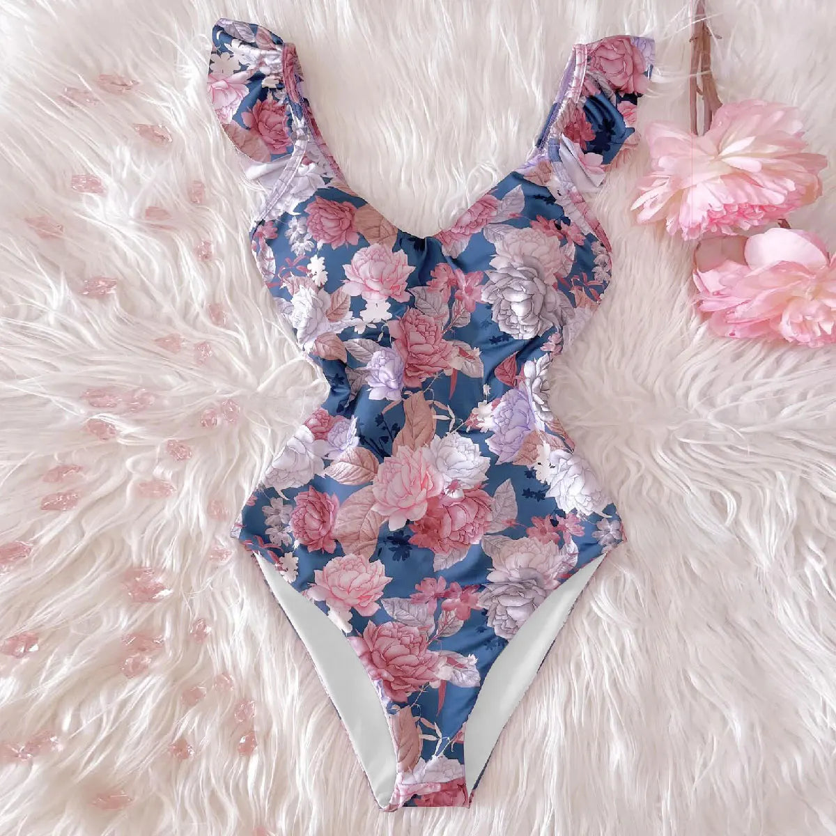 Ruffle One-Piece Swimsuit – Floral Deep V-Neck Push-Up Monokini Beachwear for Women