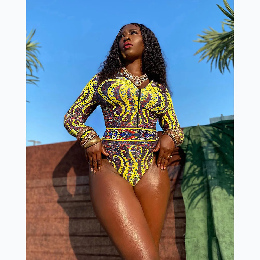 Tropical Luxe Long-Sleeve Surf Swimsuit - Floral Patchwork Beachwear for Women