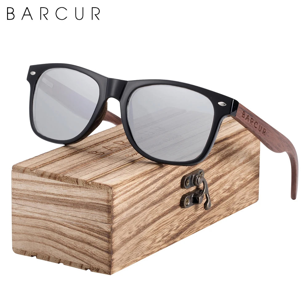 BARCUR Black Walnut Polarized Sunglasses – UV400 Wooden Unisex Shades with Original Box
