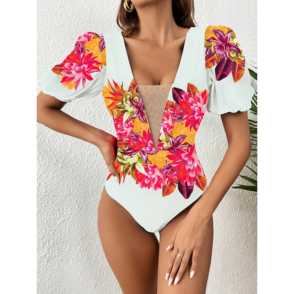 Luxe V-Neck Lace Print One-Piece Swimsuit