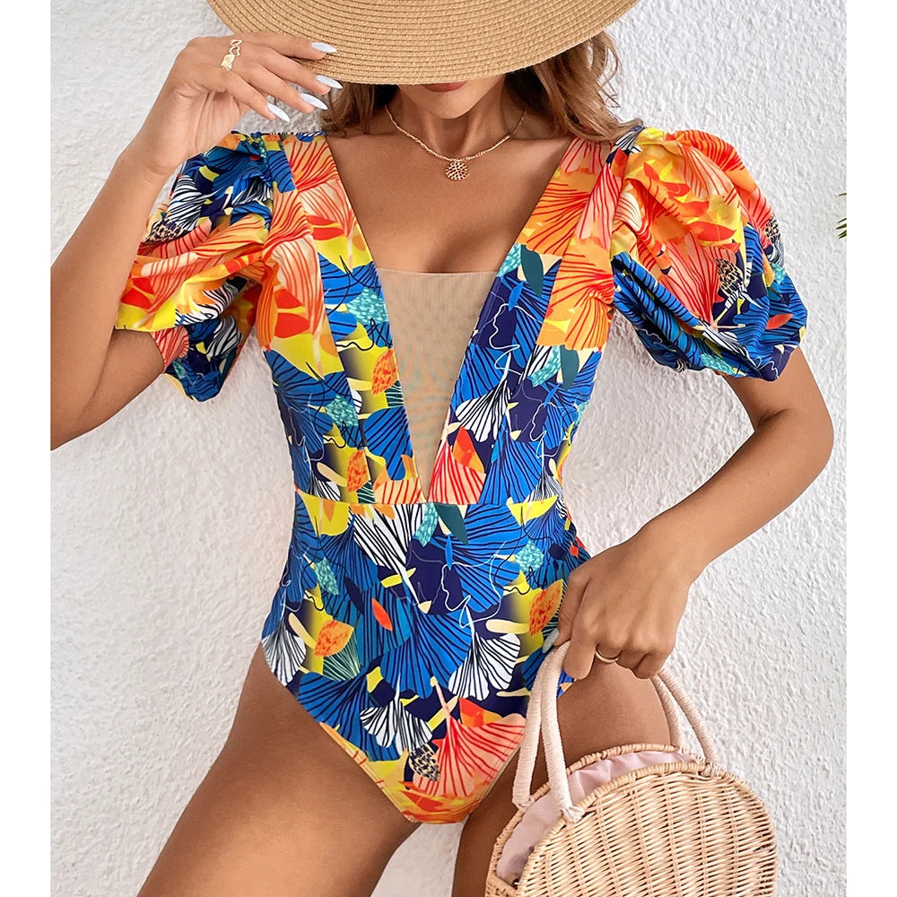 Luxe V-Neck Lace Print One-Piece Swimsuit