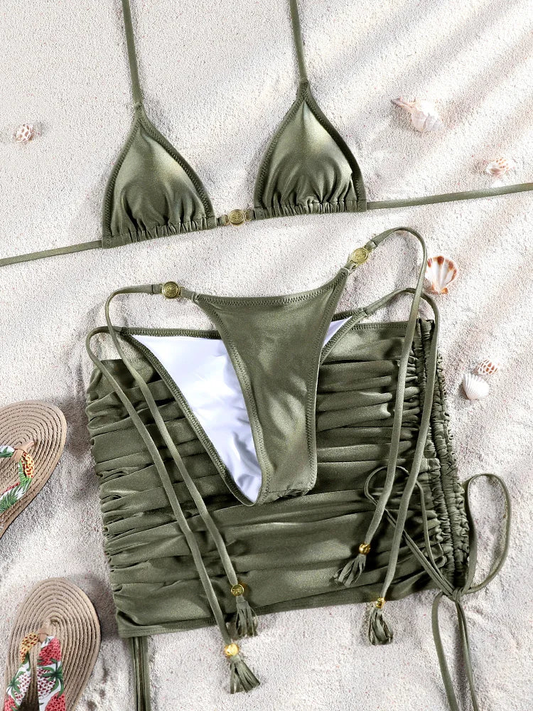 ZRTAK Striped Triangle 3-Piece Bikini Set – Brazilian Micro Print Swimwear for Women