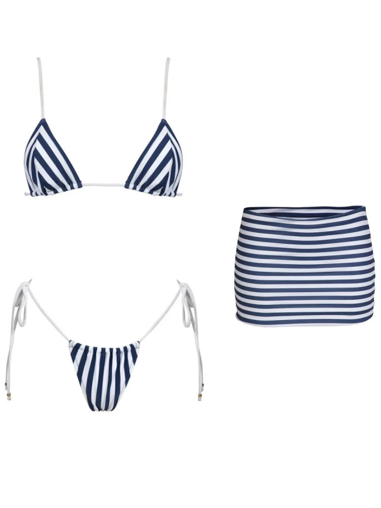 ZRTAK Striped Triangle 3-Piece Bikini Set – Brazilian Micro Print Swimwear for Women