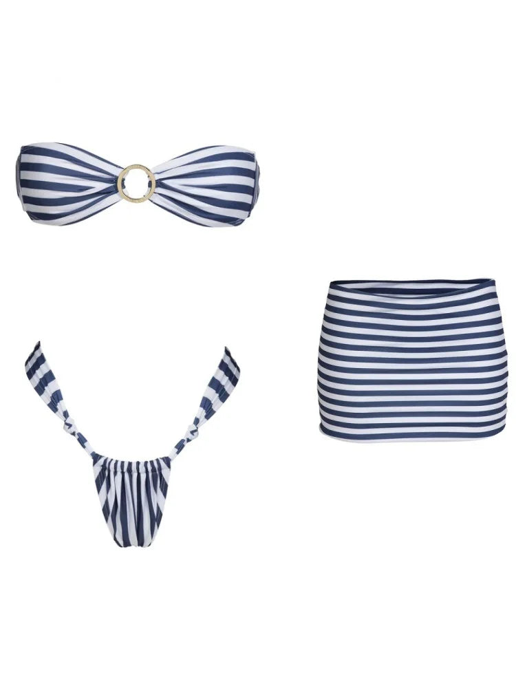 ZRTAK Striped Triangle 3-Piece Bikini Set – Brazilian Micro Print Swimwear for Women