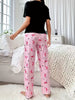 Women's Flamingo & Slogan Print Casual Pajama Set, Short Sleeve Round Neck Top & Pants, Comfortable Relaxed Fit