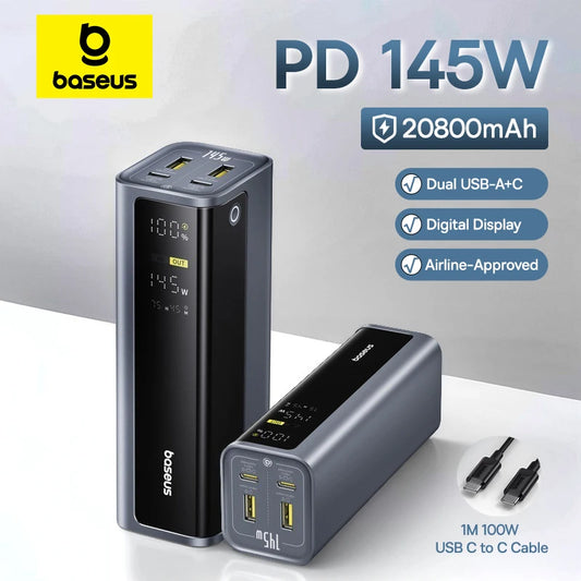 Baseus Ultra 145W Power Bank – 20800mAh PD Fast-Charge with Digital Display