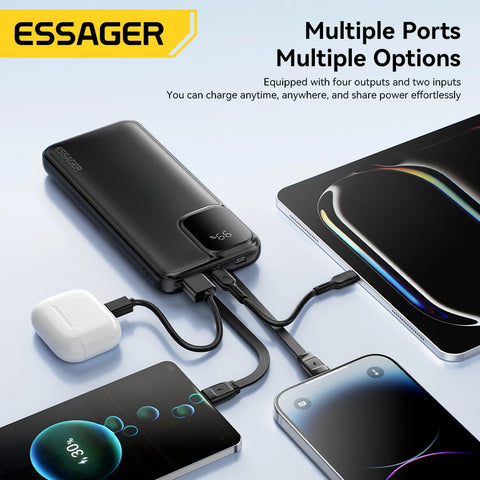 Essager Power Bank – 20000mAh Fast-Charge with Built-in Cables