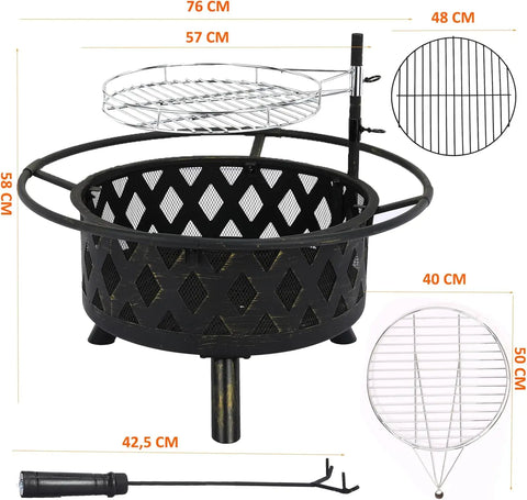 Multifunctional Fire Pit with Spark Guard & Adjustable Grill