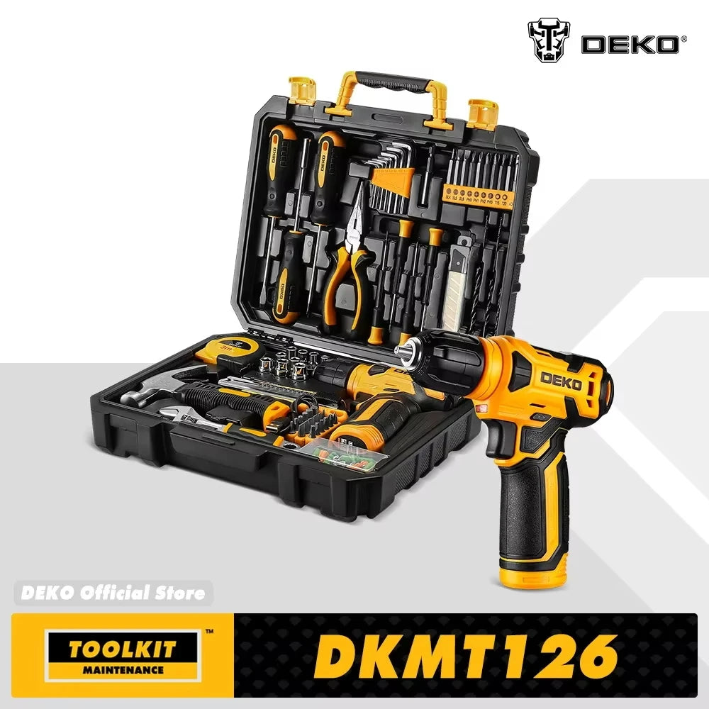 DEKO 126-Piece Power Tool Kit – 8V Cordless Drill with Keyless Chuck & DIY Hand Tools for Home Use