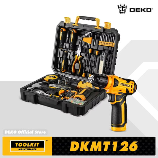 DEKO 126-Piece Power Tool Kit – 8V Cordless Drill with Keyless Chuck & DIY Hand Tools for Home Use