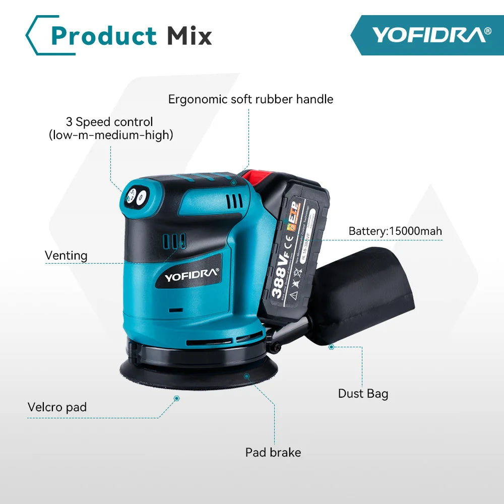 YOFIDRA 125mm Cordless Electric Orbital Sander – Woodworking Grinding & Polishing Tool for Makita Battery Pin