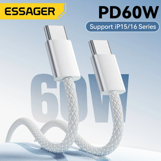 Essager 60W USB-C Fast Charging Cable for iPhone 16, 15 Plus, Pro Max, Xiaomi, MacBook Pro, iPad