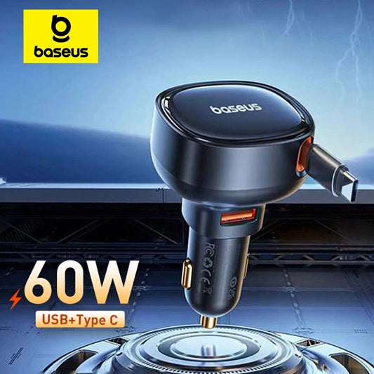 Baseus 60W Fast Car Charger with Retractable Cable & Dual Ports for iPhone 16/15/14/13 Pro and Samsung