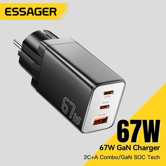 Essager GaN USB Type C Charger 67W Fast Charging for Samsung, iPhone 16/15/14 Pro, Huawei, Laptops, EU Plug
