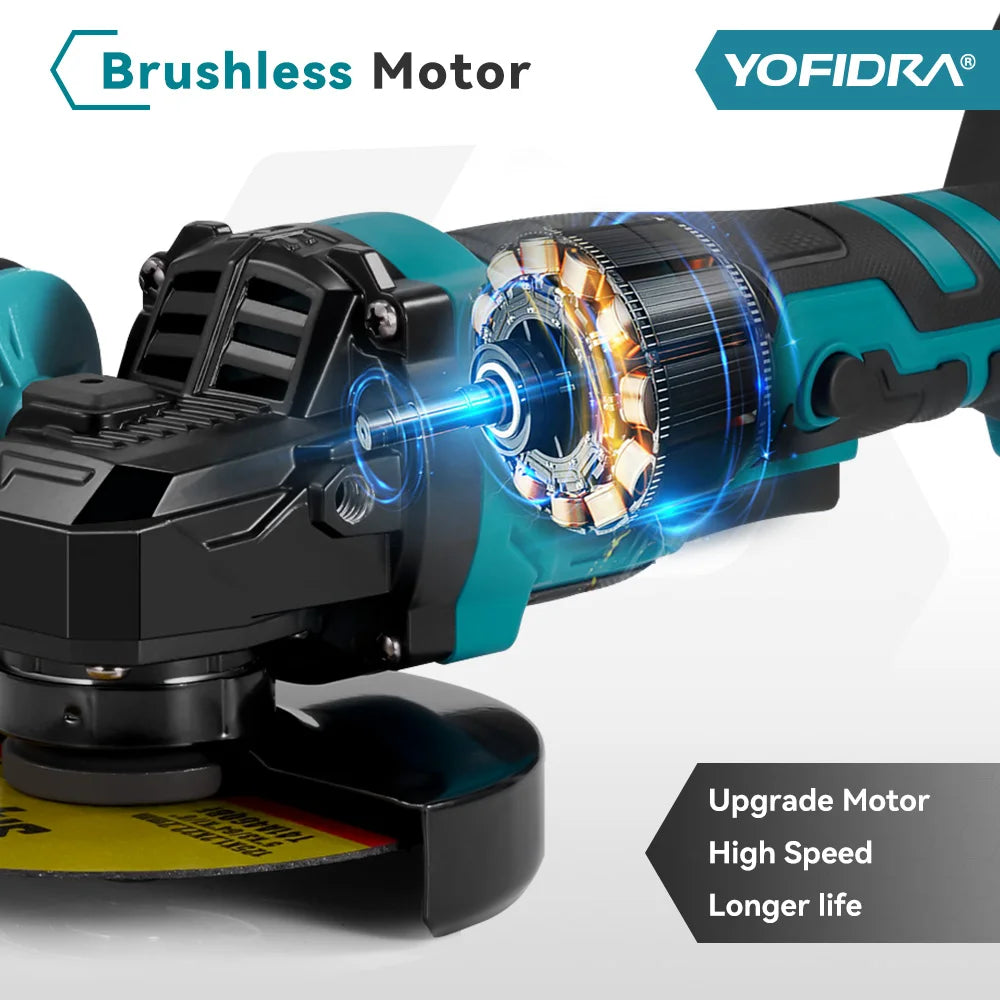 YOFIDRA 2-in-1 125mm Brushless Angle Grinder – 3-Speed Woodworking Polisher & Cutter for Makita Battery Pin