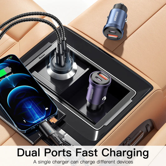 Essager 30W Fast USB Car Charger - Quick Charge 4.0 & PD 3.0 for iPhone 14, Huawei, Samsung, Xiaomi