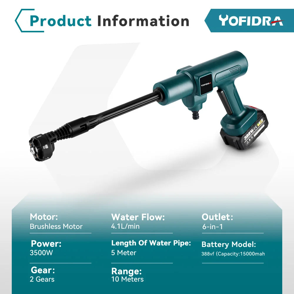 YOFIDRA 200Bar Brushless Electric Pressure Washer – 3500W 6-in-1 Car Cleaning & Garden Tool for Makita Battery Pin