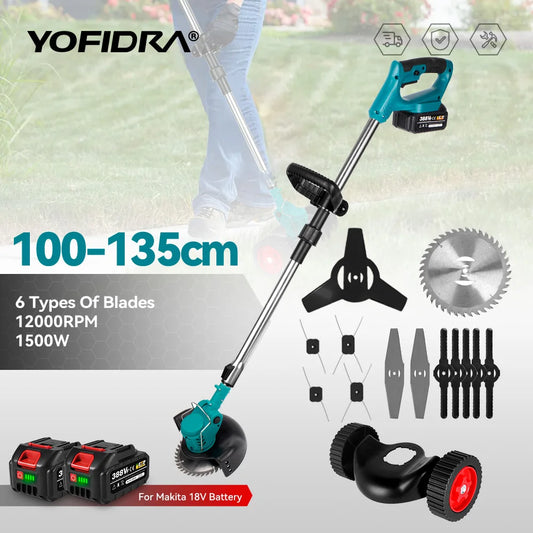 YOFIDRA 100–135cm Cordless Electric Lawn Mower – 1500W Foldable Trimmer & Cutter for Makita Battery Pin