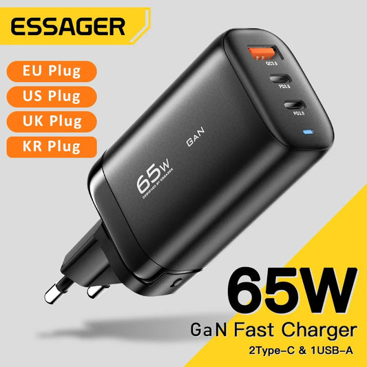 Essager 65W GaN USB-C Charger - Fast Charging for Laptops & Phones, PPS 45W, 25W, Compatible with Samsung QC3.0 & iPhone 14/13 Pro