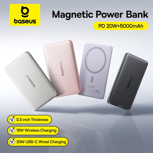 Baseus Slim 5000mAh Magnetic Power Bank – 15W Wireless & 20W Wired Charging