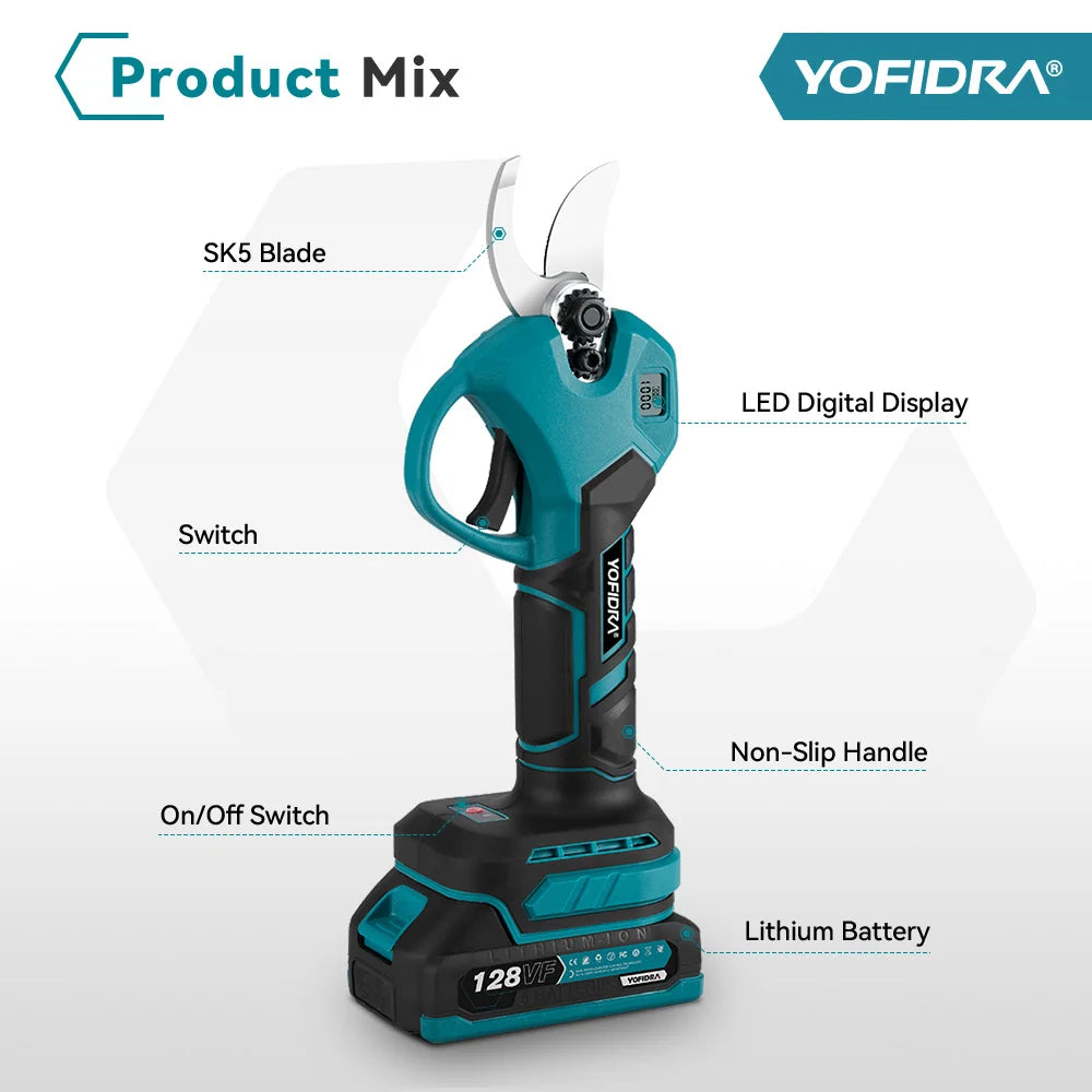 YOFIDRA 30mm Brushless Cordless Electric Pruner – 2-Speed Tree & Fruit Branch Shears for BL1850B 18V Battery
