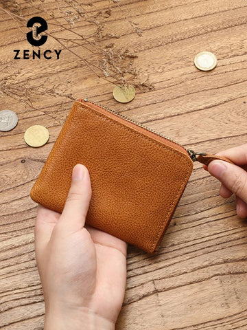 Zency Retro Cowhide Mini Short Wallet for Women - Genuine Leather Coin Pocket Purse