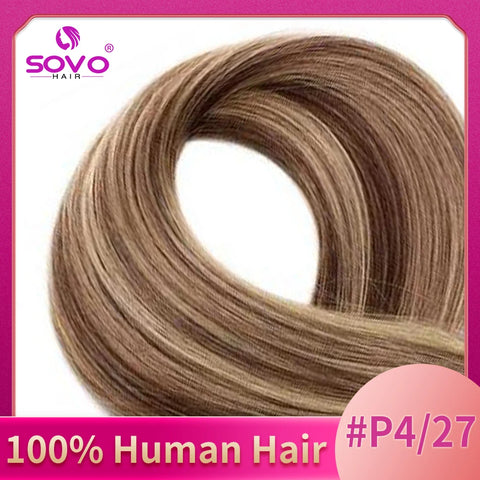 Clip In Human Hair Extensions - Light Brown Honey Ombre