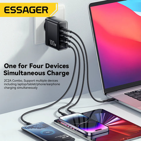 Essager 100W GaN USB-C Charger for Laptop & iPhone 16, Fast PD Charging, US/KR Plug, Compatible with MacBook & Samsung
