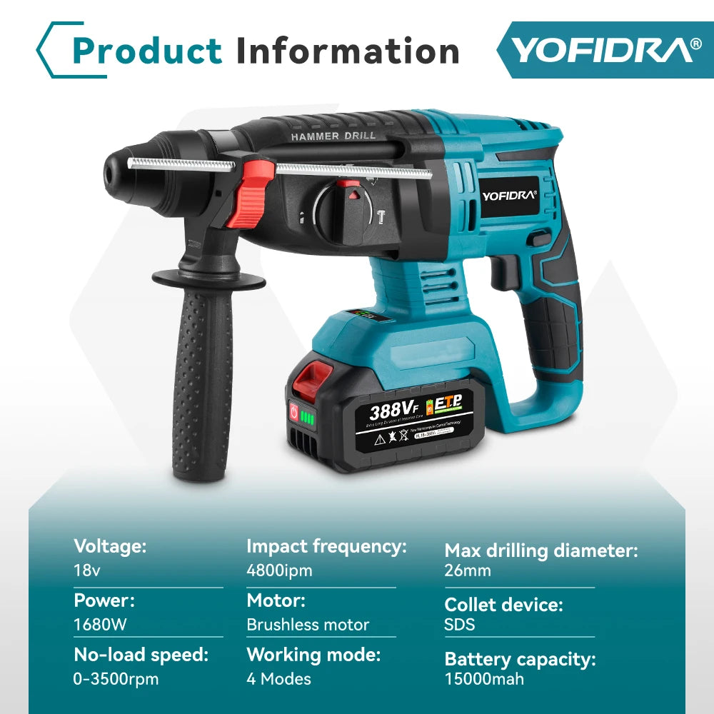 YOFIDRA 26mm Brushless Cordless Rotary Hammer – Multifunction Impact Drill for Makita Battery Pin
