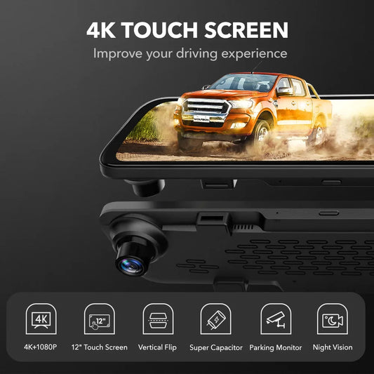 WOLFBOX G840S 12" IPS Dash Camera - 4K dubbele camera's met GPS en nachtzicht
