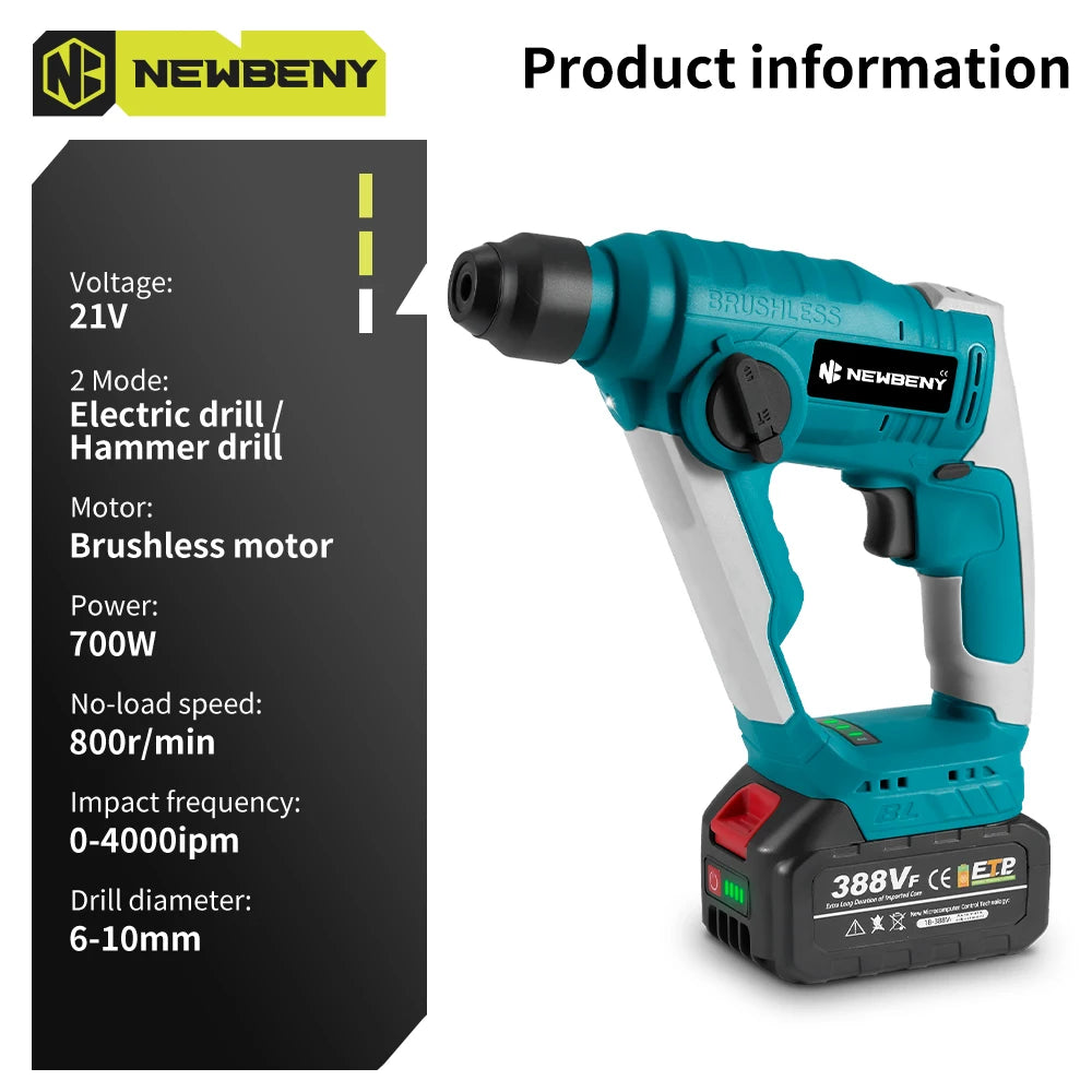 NEWBENY 2-Mode Brushless Cordless Rotary Hammer – 10mm Impact Drill for Woodworking, Compatible with Makita Battery Pin