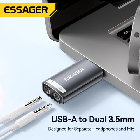 Essager USB Sound Card Adapter for 3.5mm Earphones & Microphones - Ideal for PS4, Laptops, and Computers