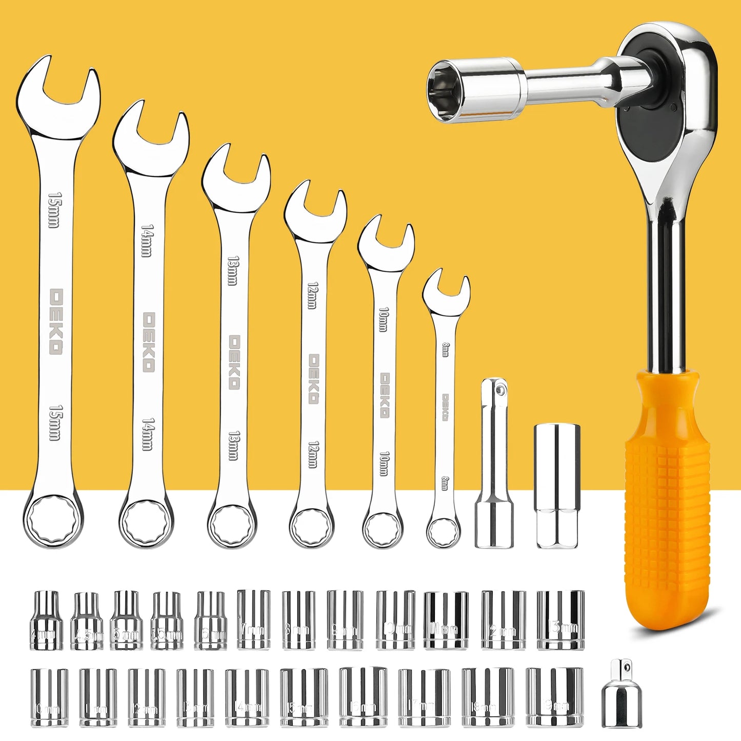 DEKO 62/228-Piece Socket & Wrench Tool Set – Auto Repair Kit with Plastic Storage Case