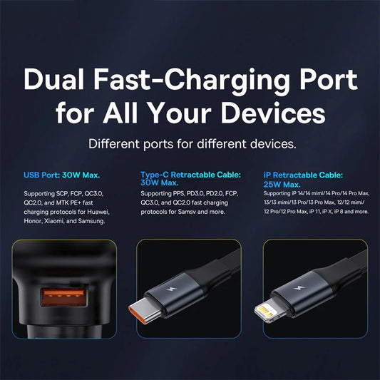 Baseus 60W Fast Car Charger with Retractable Cable & Dual Ports for iPhone 16/15/14/13 Pro and Samsung