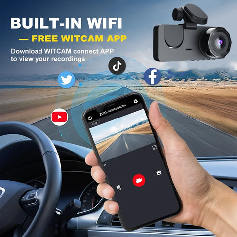 Drievoudige lens WiFi Dashcam: 1080P HD voertuigbeveiligingscamera