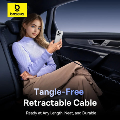 Baseus Retractable 60W Car Charger with Fast Charging Cable for iPhone, Samsung, Xiaomi