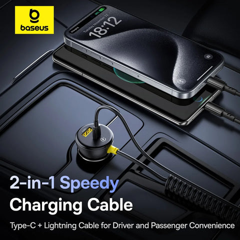 Baseus Retractable 60W Car Charger with Fast Charging Cable for iPhone, Samsung, Xiaomi