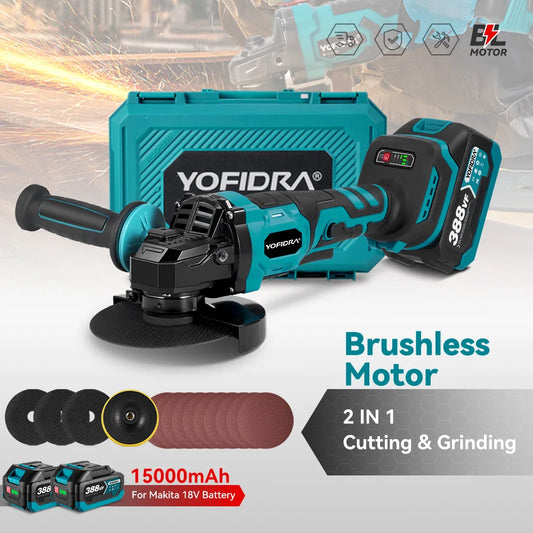 YOFIDRA 2-in-1 125mm Brushless Angle Grinder – 3-Speed Woodworking Polisher & Cutter for Makita Battery Pin