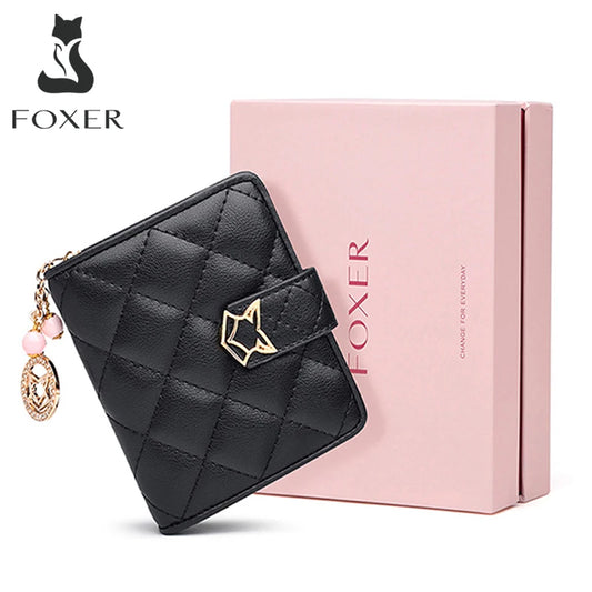 FOXER Dames Split Leather Portemonnee - Modieuze Geruite Rits Portemonnee