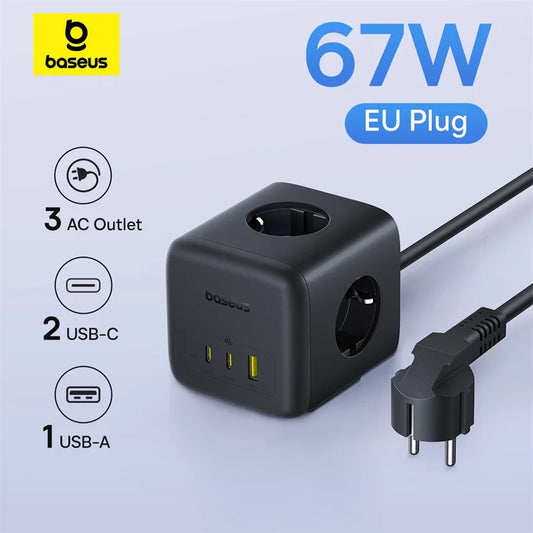 Baseus 67W GaN Fast Charger Power Strip - 3 AC Outlets & USB-C Fast Charging for Laptops, iPhones, Samsung, Xiaomi