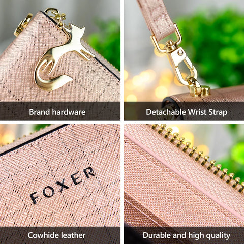 FOXER Women Split Leather Bifold Clutch Wallet with Wristlet