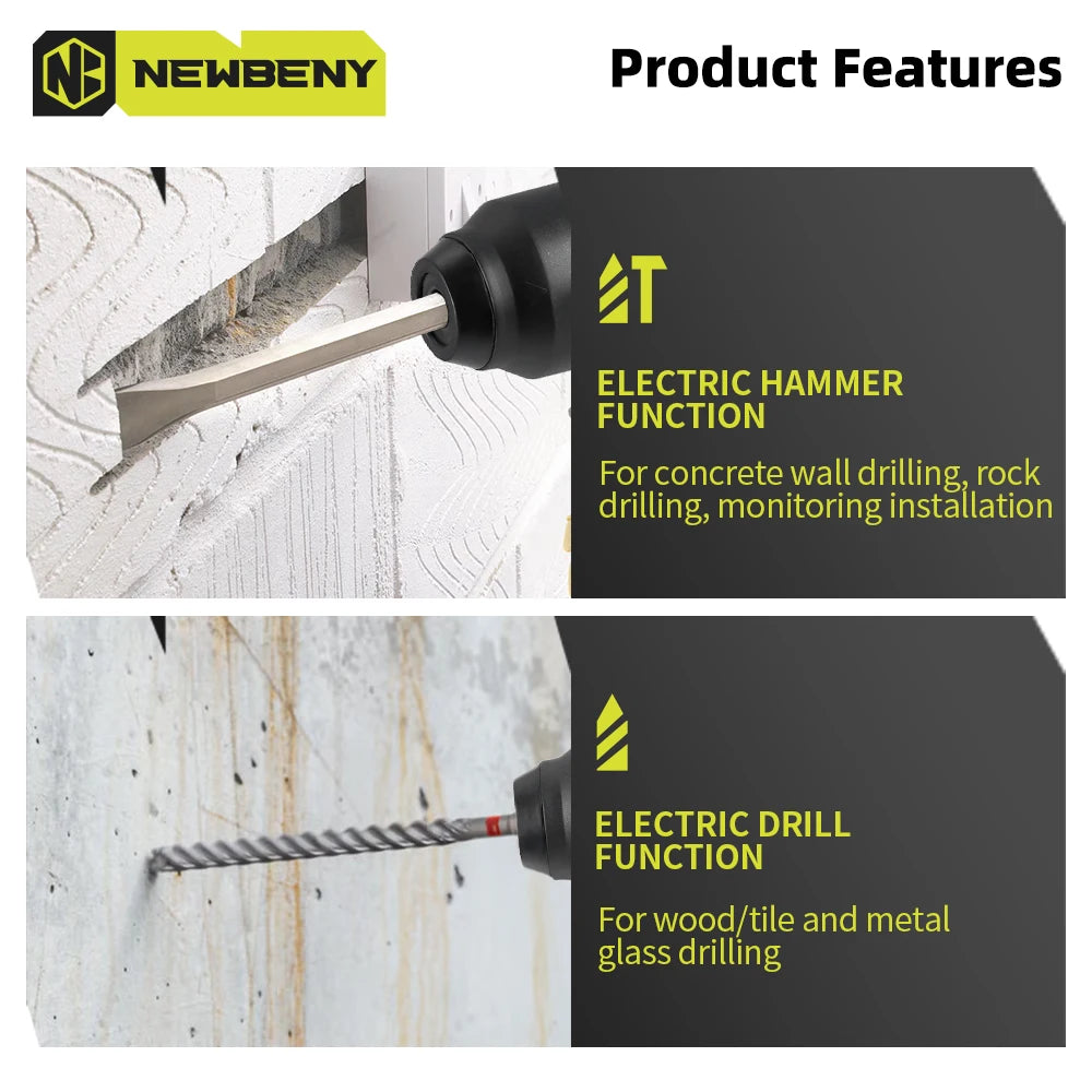 NEWBENY 2-Mode Brushless Cordless Rotary Hammer – 10mm Impact Drill for Woodworking, Compatible with Makita Battery Pin
