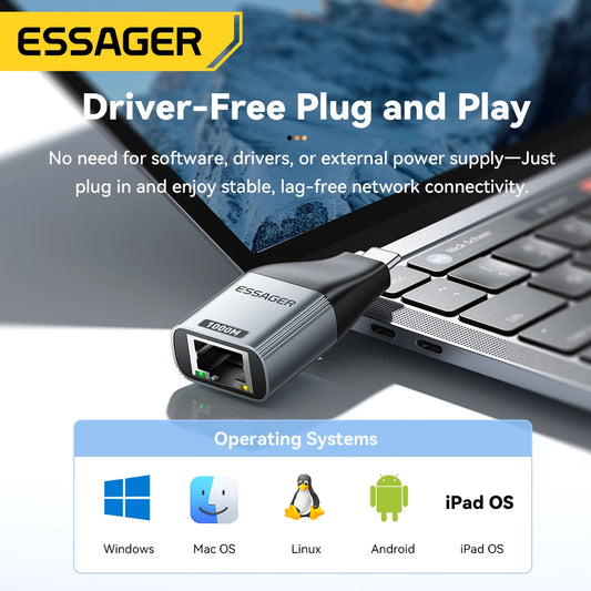 Essager Type-C to Ethernet Adapter – 1000Mbps Gigabit High-Speed RJ45 for MacBook & Laptops