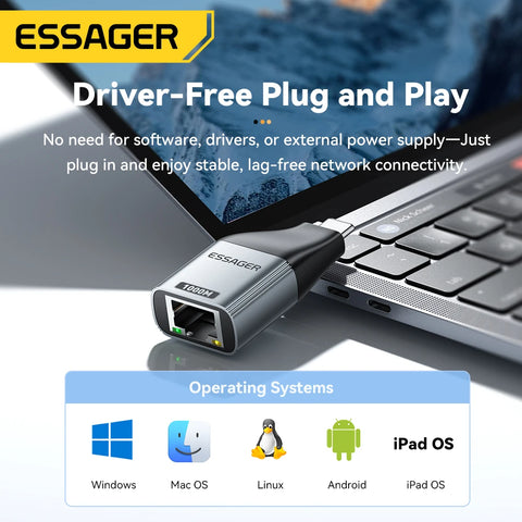 Essager Type-C to Ethernet Adapter – 1000Mbps Gigabit High-Speed RJ45 for MacBook & Laptops