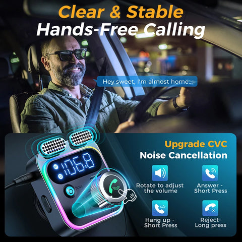 2024 Bluetooth 5.3 FM Transmitter - Deep Bass Sound, Dual Mics, 48W PD & QC3.0 Car Charger